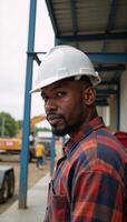 A Black African American laborer wearing a safety helmet works on a busy construction site during Labor Day photo