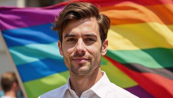 Digital art illustration featuring an LGBTQ pride rainbow background with the gay pride flag as its subject matter photo