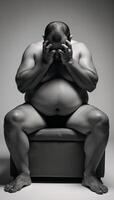 Obese man seated on gray ottoman upset covering face with hands photo