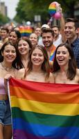 A joyful celebration featuring diverse members of the LGBTQ community waving the iconic rainbow flag during a vibrant pride parade photo