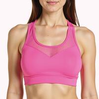 A breathable pink sports bra featuring a stylish mesh design for comfort during workouts photo