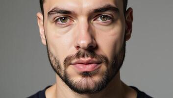 Closeup portrait of Caucasian bearded gay man wearing red lipstick with metrosexual aesthetic in a horizontal composition against an LGBTQ background photo