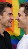 Two gay men lock eyes before the iconic Rainbow Flag photo