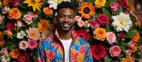 Portrait of trendy black man in vibrant jacket amidst flowering flora photo