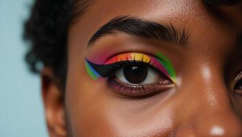 Black Woman Eye adorned with Rainbow Pride Symbol Technology photo