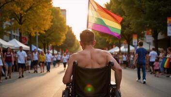 Disabled gay individual in wheelchair celebrating Pride Month at a colorful summer festival surrounded by autumn leaves and golden sunlight while waving the Rainbow Flag photo