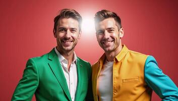 Vibrantcolored portrait featuring a standing gay couple photo