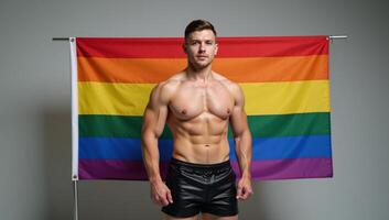 Logo features a muscular gay man in leather shorts against an LGBTQ flag backdrop photo