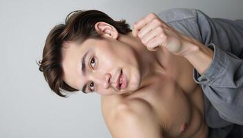 Portrait showcasing a stylish young openlygay individual against minimal background photo