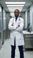 A confident African American male doctor stands with his stethoscope in a cuttingedge medical setting photo