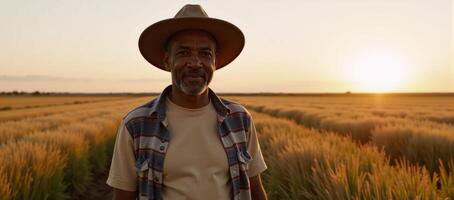 African American Farmer working amidst fields during sunset Generative photo