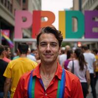 Colorful letters spell out PRIDE against a gaythemed backdrop photo