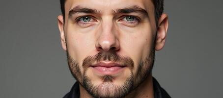 Closeup portrait of Caucasian bearded gay man wearing red lipstick with metrosexual aesthetic in a horizontal composition against an LGBTQ background photo