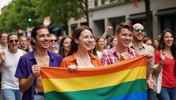 A joyful celebration featuring diverse members of the LGBTQ community waving the iconic rainbow flag during a vibrant pride parade photo