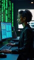 A cyber hacking scene featuring an African American woman as a cybersecurity specialist analyzing data threats in the neonlit matrix world with a robotic companion and digitally coded elements photo