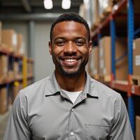 Illustration features smiling AfricanAmerican warehouse worker wearing uniform gazes directly into camera photo