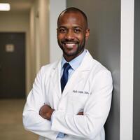 Portrait of an African American physician with a warm smile in a medical setting photo