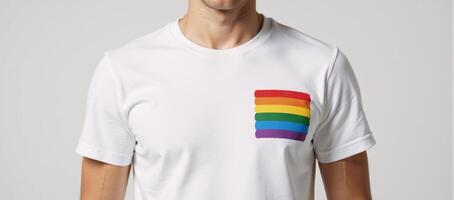 Closeup portrait showcasing a man in white tee and rainbowflag design commemorating Gay Pride Day photo