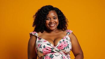 Portrait African American Plus Size Model in Floral Dress on Orange Background photo