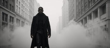 A noirstyle image features a mysterious African American man wearing a long trench coat as he walks through dense fog photo