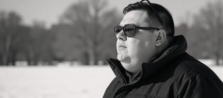A large man dressed casually with a winter coat and sunglasses photo