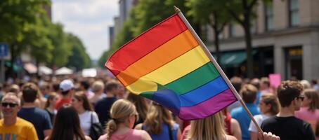 A vibrant rainbow flag with gradient colors symbolizes LGBTQ pride and unity at a diverse festive parade celebrating the LGBT communitys equality and acceptance photo