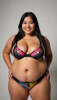 Depiction of an overweight woman wearing colorful undergarments photo