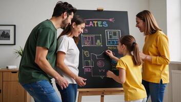 A heartwarming depiction of a gay family excitedly planning their new home on a blackboard Generative photo