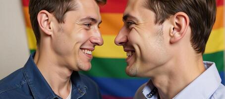 Two gay men lock eyes before the iconic Rainbow Flag photo