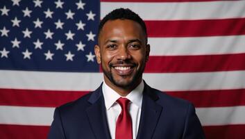 AfricanAmerican businessman in suit and tie before an American flag photo