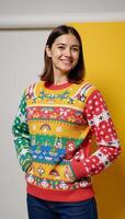 A humorous take on the holidays an eyecatching ugly Christmas sweater adorned with vibrant rainbows symbolizing LGBTQ pride photo