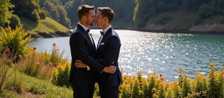 Romantic portrait featuring a kiss between two men amidst stunning landscapes photo