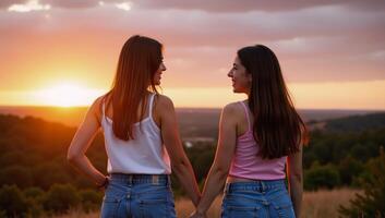 Celebrating Pride Month with a heartwarming depiction of two sisters strolling at sunset hands entwined in an expression of love and friendship exuding joy and happiness against a colorful LGBTQ photo