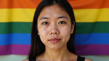 Portrait of tearyeyed Asian queertransgender person hidden beneath a vibrant pride flags stripes photo