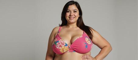 Depiction of an overweight woman wearing colorful undergarments photo