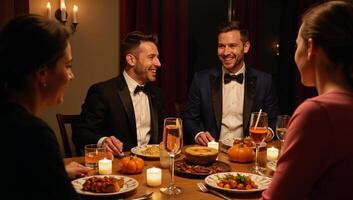 Gay couple hosts spooky Halloween dinner party with decorative setup festive food drinks flickering lights pumpkins photo