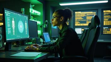 AfricanAmerican Engineer Analyzes Cyber Threat Holograms within a cyberpunk environment utilizing an augmented reality interface with neon green and blue accents photo