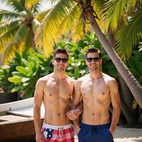 Shirtless young gay couple poses for a playful summer portrait with a nearby wooden boat and palms photo