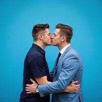 A heartfelt romantic moment between two men set against a striking blue backdrop photo