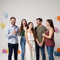LGBT friends and couples celebrating Pride Month with smiles and happiness featuring rainbows balloons and other Pride elements against a white background photo