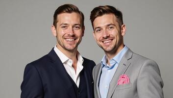 Two handsome individuals depicted as a loving couple stand proudly together in a stylish studio setting photo