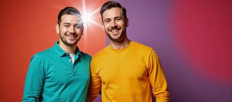 Vibrantcolored portrait featuring a standing gay couple photo
