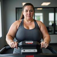 Obese woman exercises at the gym on a treadmill as symbolism for weight loss and a healthier lifestyle photo