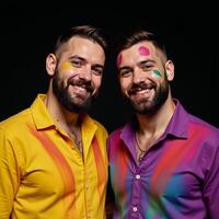 Black White portrait showcases a vibrant colorfully dressed gay couple posing playfully with paint on their faces against a stark black backdrop photo