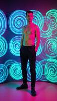 A vibrant LGBTQ pridethemed space design with an interwoven abstract rainbow backdrop featuring a colorful gradient and neon elements photo