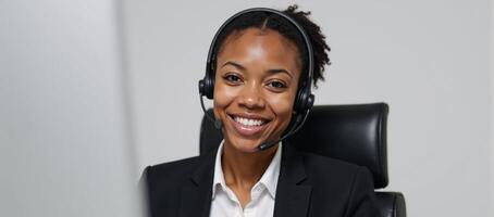 Young AfricanAmerican call center operator in a headset standing alone against a blank backdrop photo