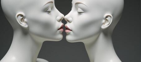 Intimate closeup two feminine mannequins sharing a gentle kiss in minimalist portrayal of romantic affection between women photo
