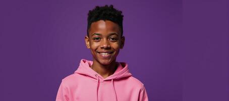 Young AfricanAmerican male in pink hoodie smiles for isolationstyle headshot on purple backdrop photo