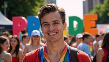 Colorful letters spell out PRIDE against a gaythemed backdrop photo