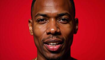 Studio portrait featuring a closeup shot of a shorthaired black man with full lips and glitter makeup against a vibrant red backdrop celebrating LGBTQ culture photo